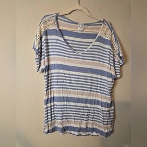 NAIF Blue and Cream Striped V-Neck Blouse